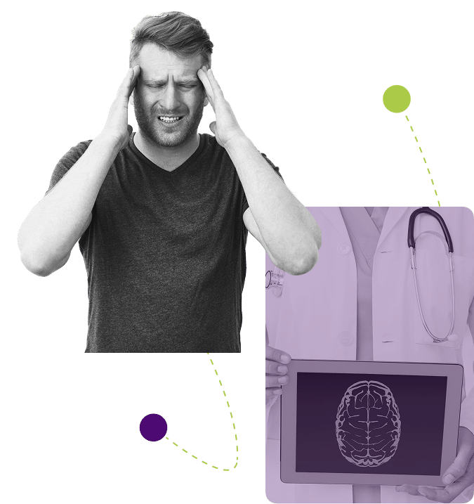 man with pain in head and a doctor showing a rx of a brain
