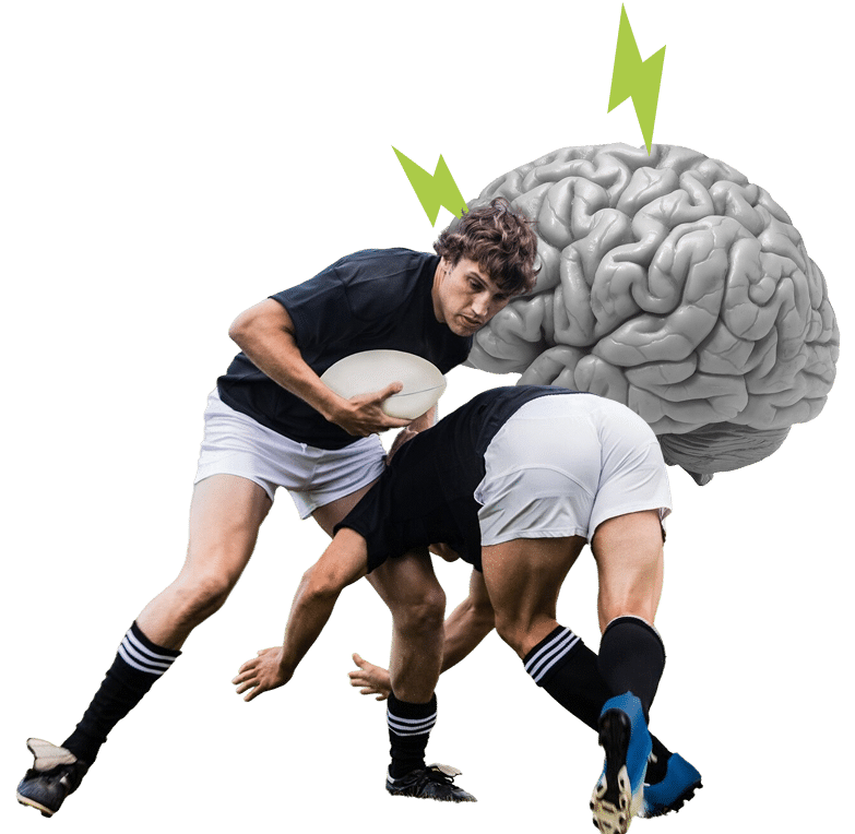 Players of rugby with brain in backgroun