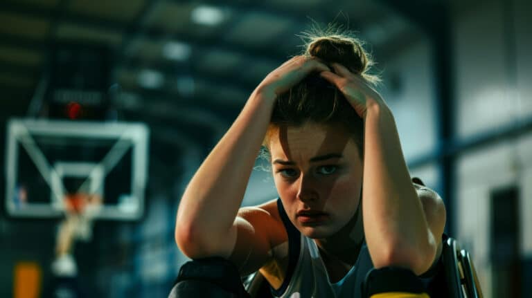 A young female athlete sits in a gym with her hands in her hair, looking exhausted and tense, while a basketball hoop is blurred in the background.