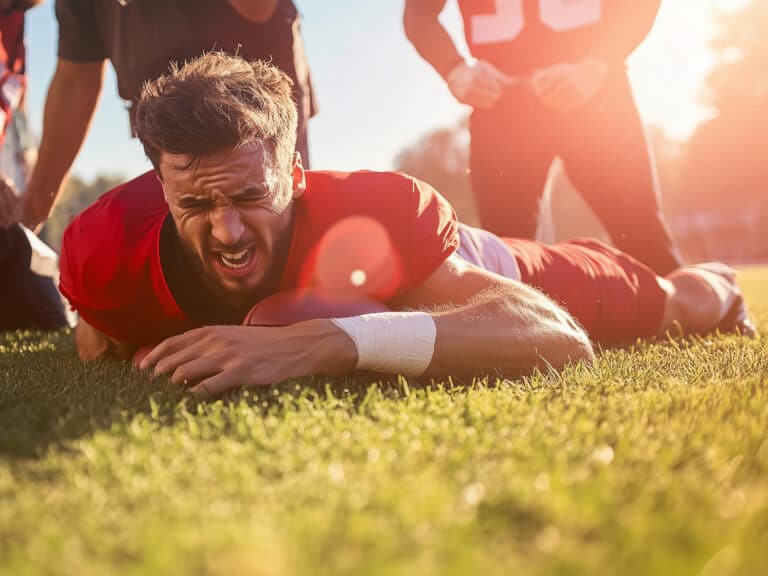 A male football player in a red jersey lies on the grass holding a football, grimacing as teammates stand nearby.