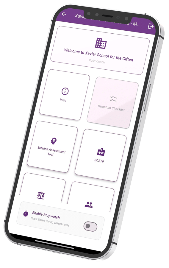 Smartphone displaying a purple app UI with Xavier School for the Gifted welcome screen and tiles such as Intro and SCAT6.