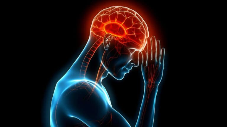 A translucent blue human figure holding head with red-glowing brain highlighted, illustrating internal nerves and red-orange brain activity against a dark background.