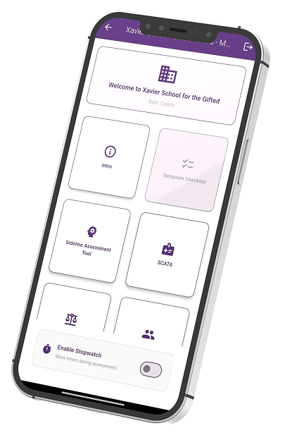 A tilted smartphone displaying a purple-themed app with a grid of rounded tiles and a welcome banner at the top.