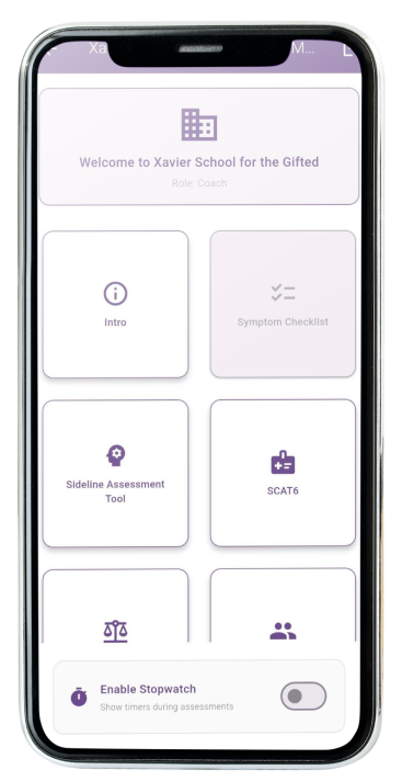 An iPhone screen displaying a purple-themed app dashboard with rounded tiles: Intro, Symptom Checklist, Sideline Assessment Tool, SCAT6, and a bottom toggle labeled Enable Stopwatch.