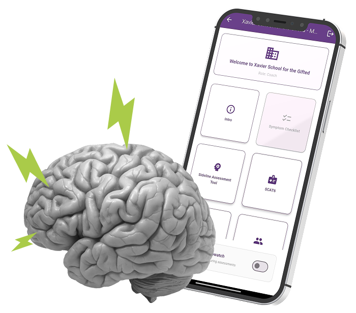 Brain with green lightning bolts next to a tilted smartphone displaying a medical app interface with tiles.
