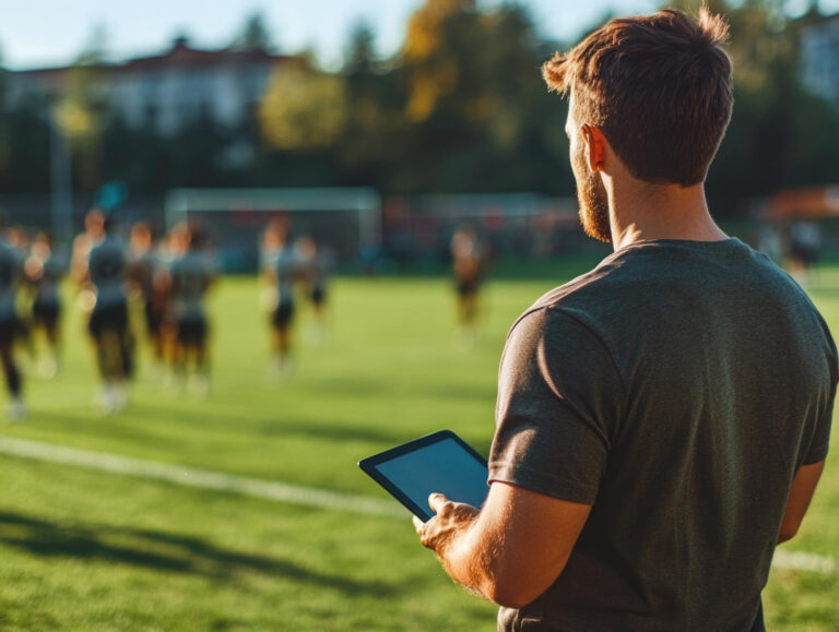 A man with short hair and a beard, wearing a dark t-shirt, stands on a sunny soccer field holding a tablet while players run in the background.