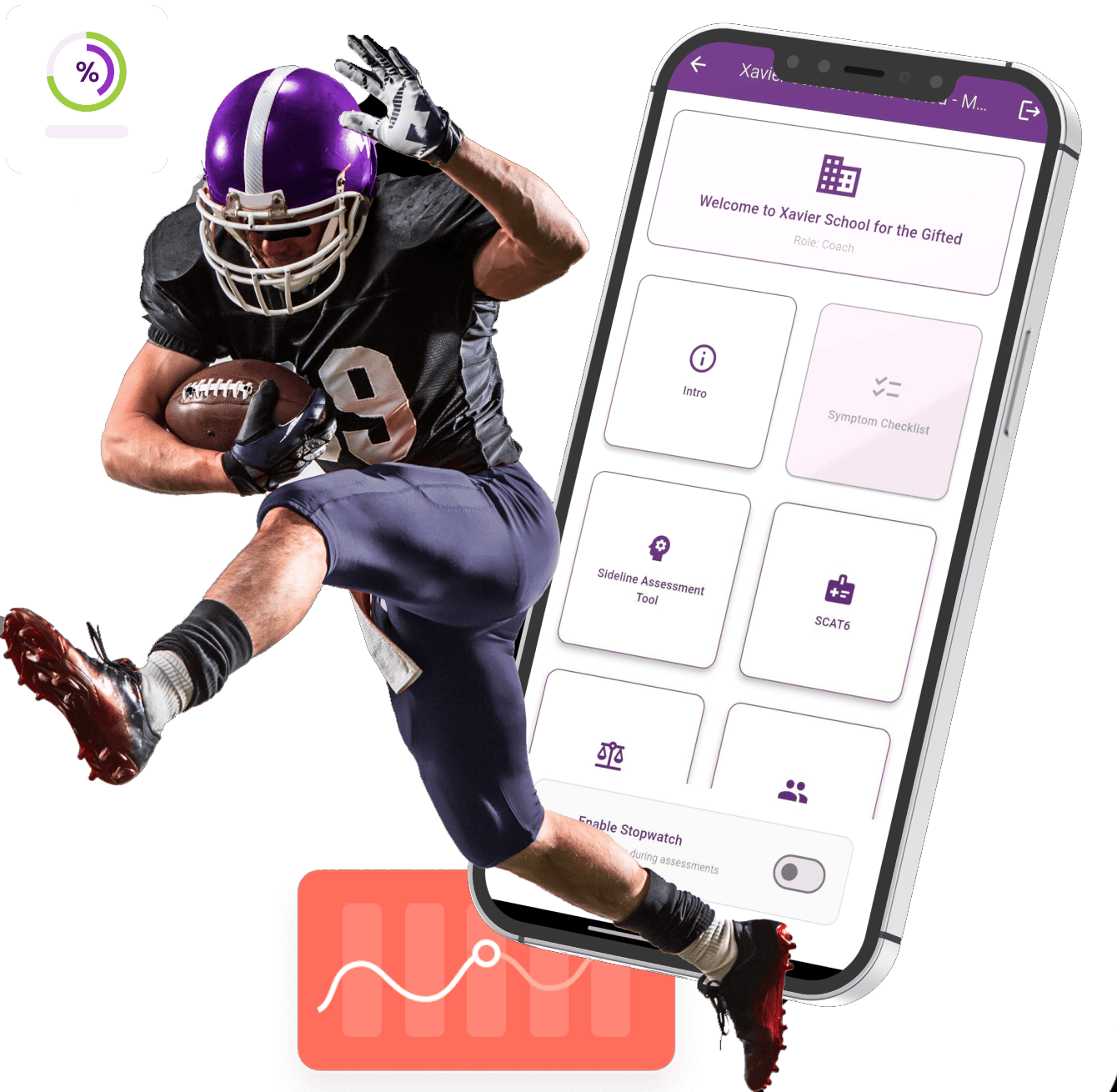 A football player in a purple helmet runs with the ball, next to a tilted smartphone displaying a purple-themed app dashboard.