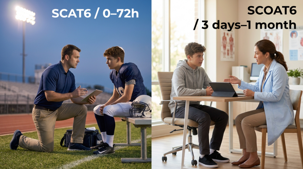 Split image showing coach kneeling on a football field discussing playbooks with a teen and a doctor consulting a student indoors